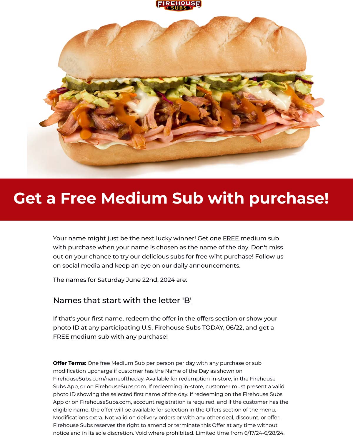 Firehouse Subs restaurants Coupon  Names starting with B enjoy a free sub sandwich today at Firehouse Subs #firehousesubs 