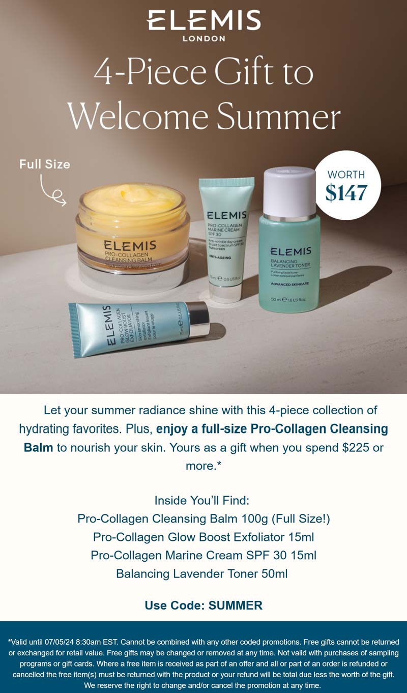 Elemis stores Coupon  Free $147 4-piece on $225+ at Elemis via promo code SUMMER #elemis 