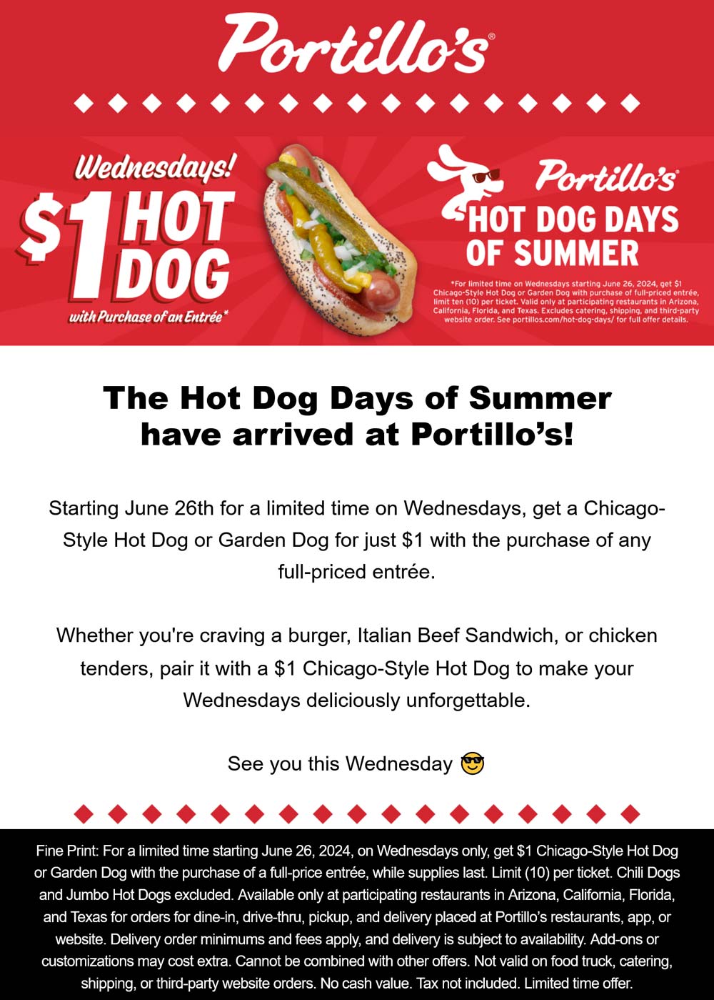 Portillos restaurants Coupon  $1 Chicago dog with your entree Weds at Portillos #portillos 