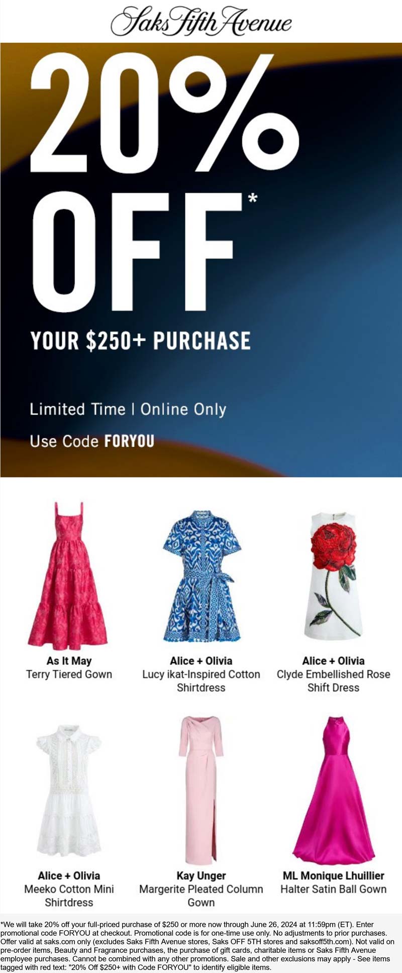 Saks Fifth Avenue stores Coupon  20% off $250+ at Saks Fifth Avenue via promo code FORYOU #saksfifthavenue 