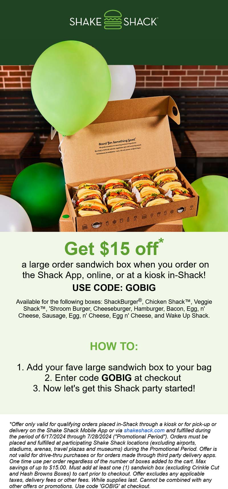 Shake Shack restaurants Coupon  $15 off a large order sandwich box at Shake Shack via promo code GOBIG #shakeshack 