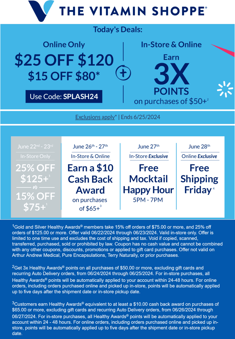 The Vitamin Shoppe stores Coupon  $15 off $80 & more at The Vitamin Shoppe via promo code SPLASH24 #thevitaminshoppe 