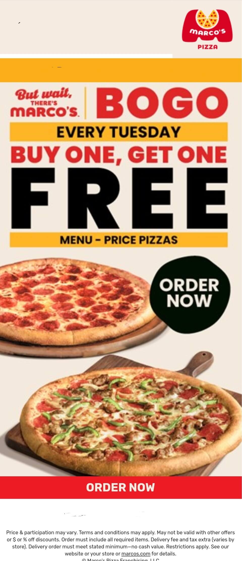 Marcos restaurants Coupon  Second pizza free today at Marcos via promo code MBOGO #marcos 