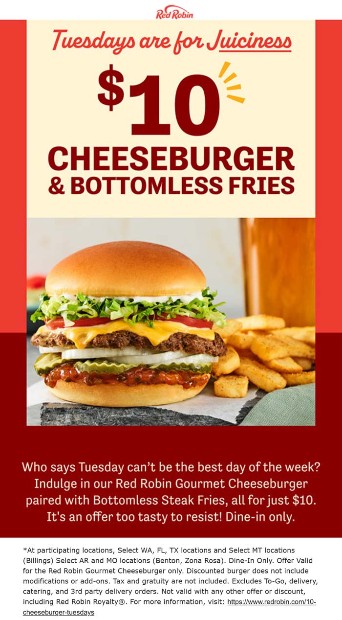 Red Robin restaurants Coupon  Cheeseburger + bottomless steak fries = $10 today at Red Robin #redrobin 