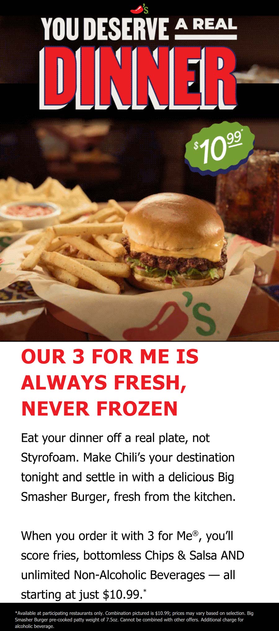 Chilis restaurants Coupon  Smasher burger + drink + fries + bottomless chips & salsa = $11 at Chilis #chilis 