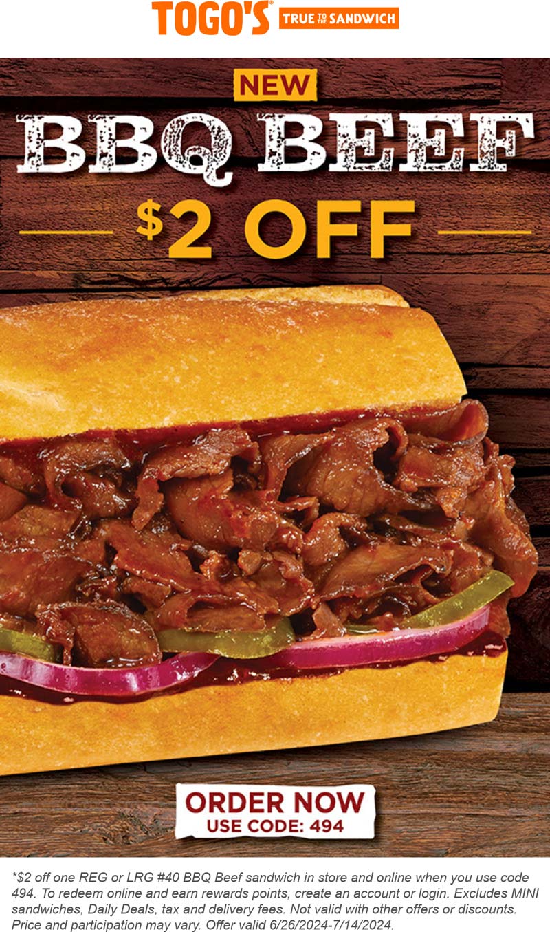 Togos restaurants Coupon  $2 off bbq beef at Togos sandwich shop via promo code 494 #togos 