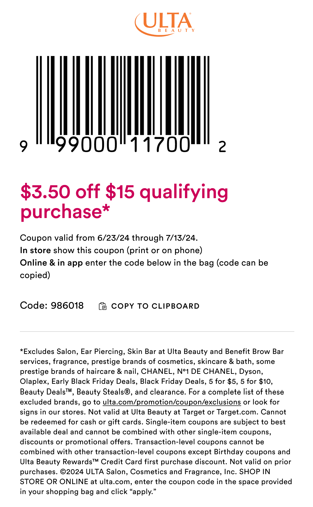 Ulta stores Coupon  $3.50 off $15 at Ulta Beauty, or online via promo code 986018 #ulta 