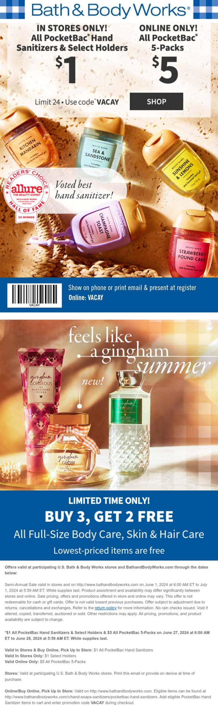 Bath & Body Works stores Coupon  $1 hand sanitizers today at Bath & Body Works, or online via promo code VACAY #bathbodyworks 