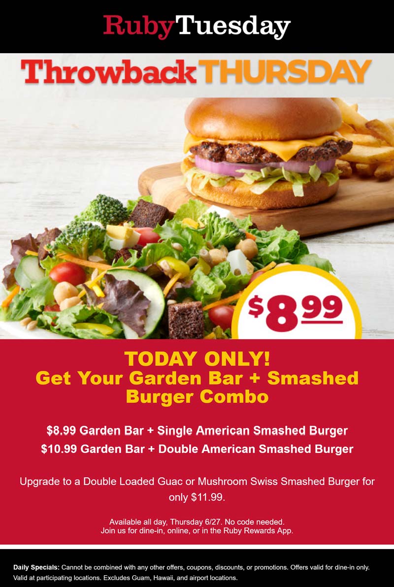 Ruby Tuesday restaurants Coupon  Cheeseburger + garden bar = $9 today at Ruby Tuesday #rubytuesday 