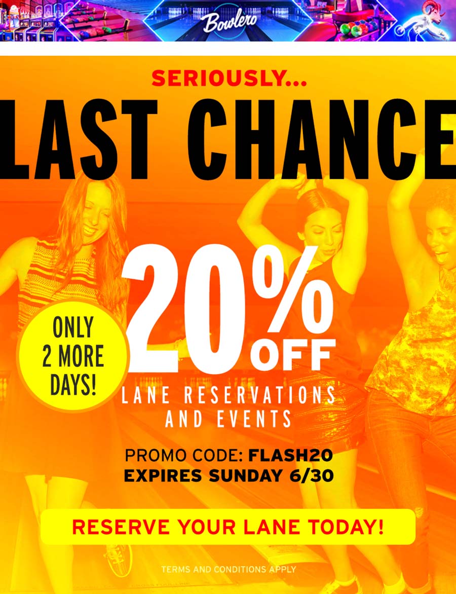 Bowlero stores Coupon  20% off bowling lane reservations at Bowlero via promo code FLASH20 #bowlero 