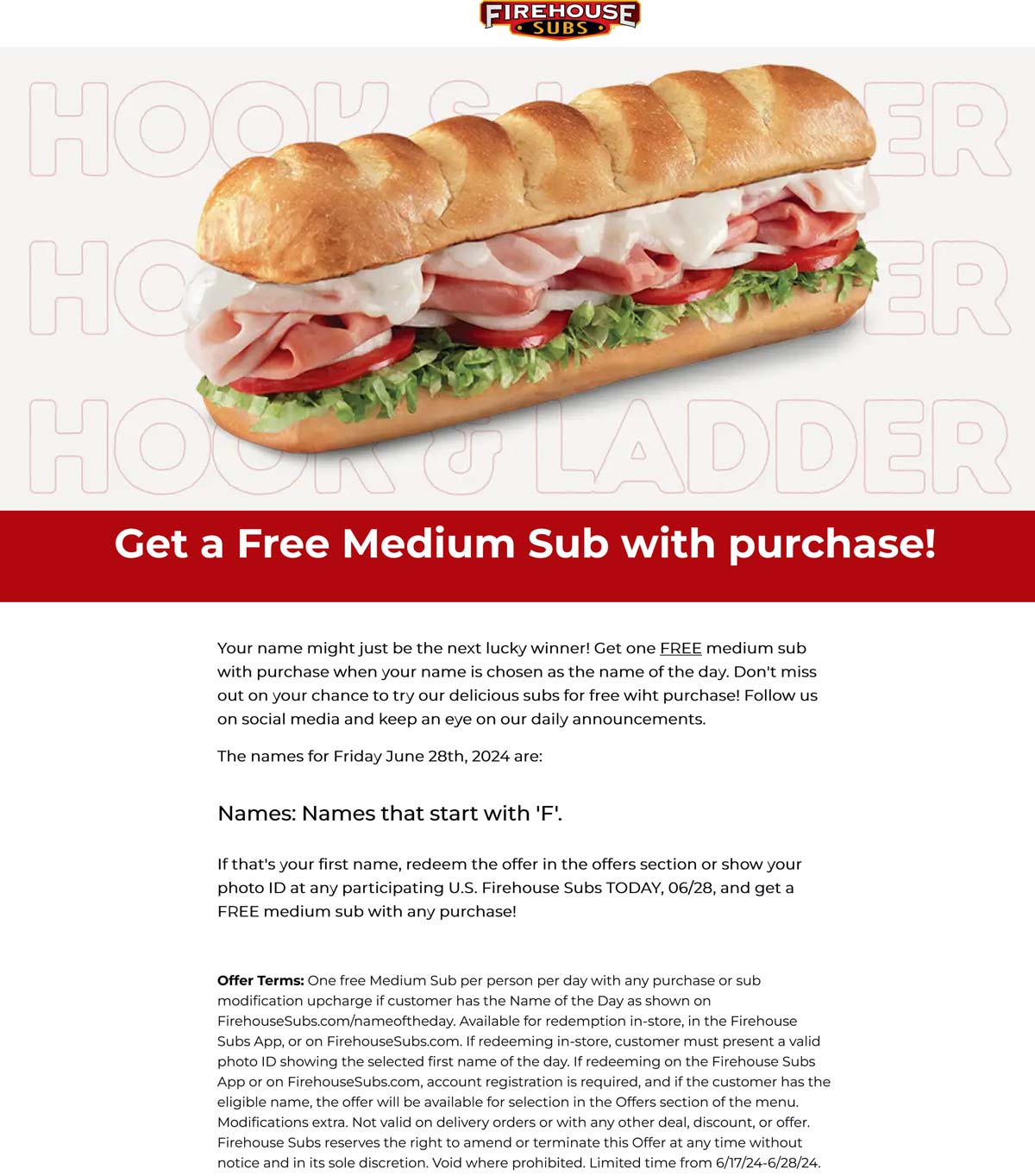 Firehouse Subs restaurants Coupon  Names starting with F enjoy a free sub with your order today at Firehouse Subs #firehousesubs 