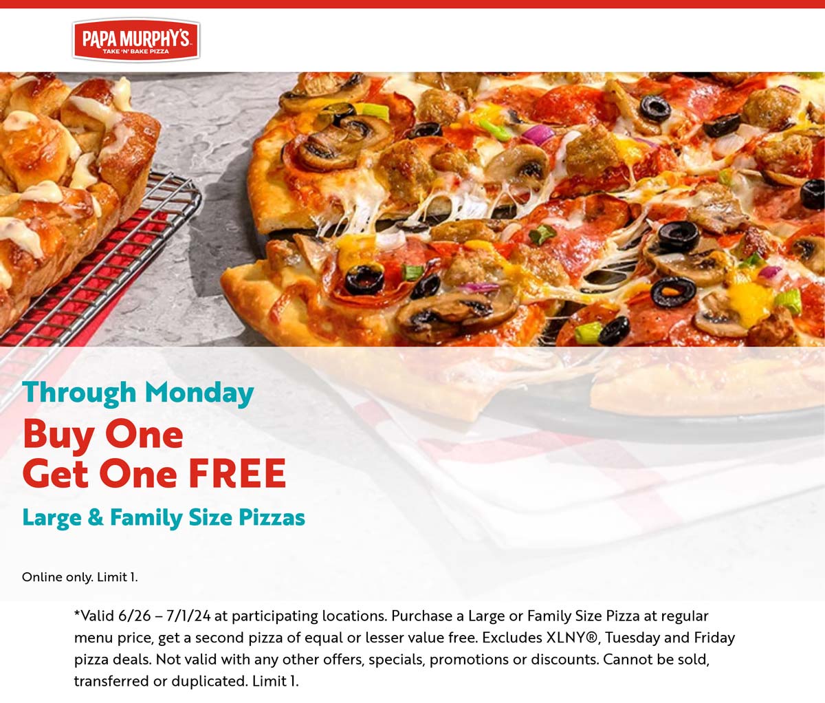 Papa Murphys restaurants Coupon  Second large pizza free online at Papa Murphys #papamurphys 