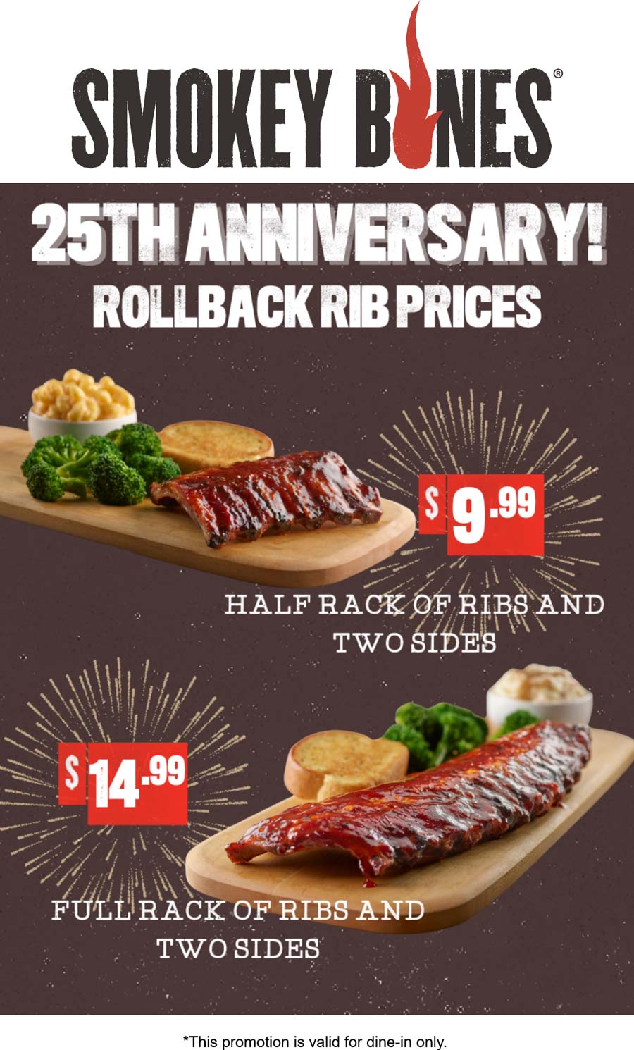 Smokey Bones restaurants Coupon  Ribs + 2 sides = $10 at Smokey Bones restaurants #smokeybones 