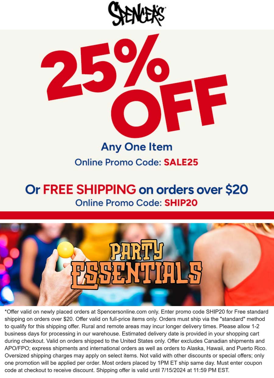 Spencers stores Coupon  25% off a single item online at Spencers via promo code SALE25 #spencers 