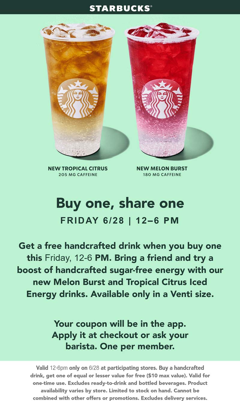 Starbucks restaurants Coupon  Second drink free today via login at Starbucks coffee #starbucks 