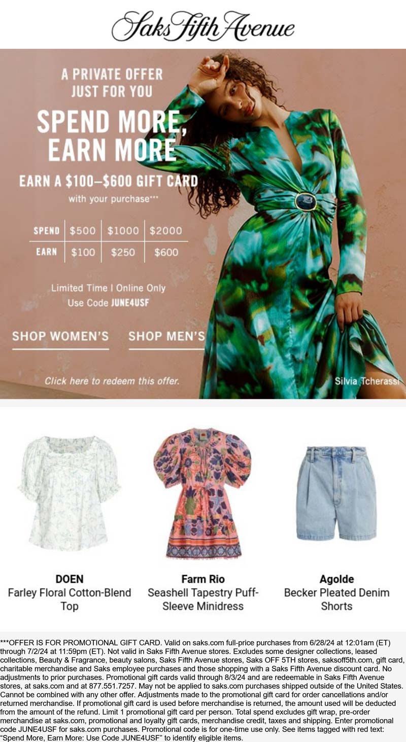 Saks Fifth Avenue stores Coupon  $100-$600 card on $500+ online at Saks Fifth Avenue via promo code JUNE4USF #saksfifthavenue 