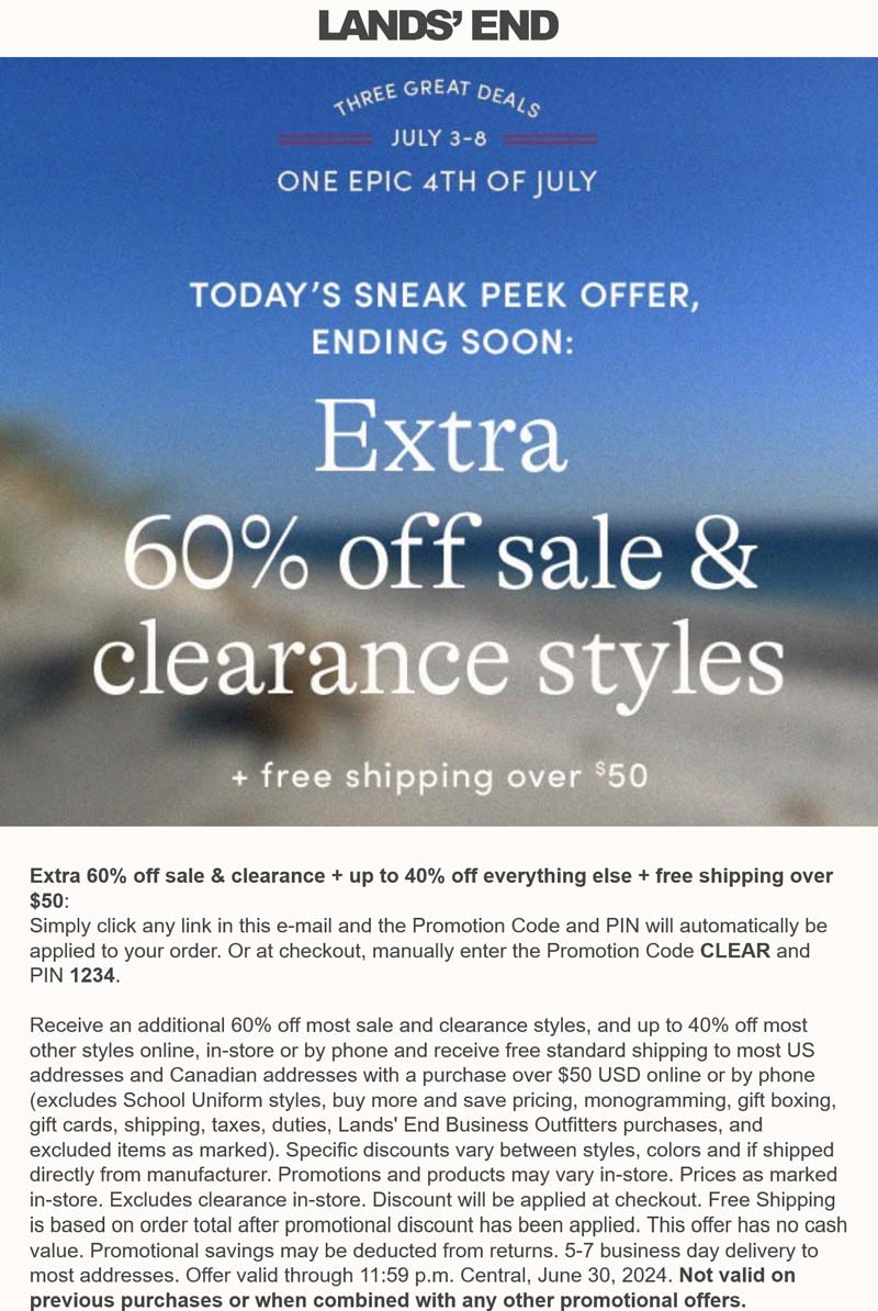 Lands End stores Coupon  Extra 60% off sale & clearance today at Lands End via promo code CLEAR and pin 1234 #landsend 