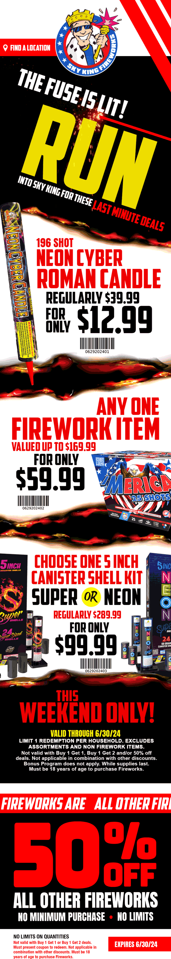 Sky King stores Coupon  $170 mortar cakes for $60 & more today at Sky King fireworks #skyking 