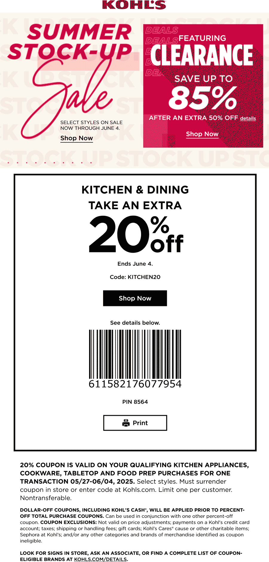 Kohls stores Coupon  85% off clearance & extra 20% off kitchen at Kohls, or online via promo code KITCHEN20 #kohls 