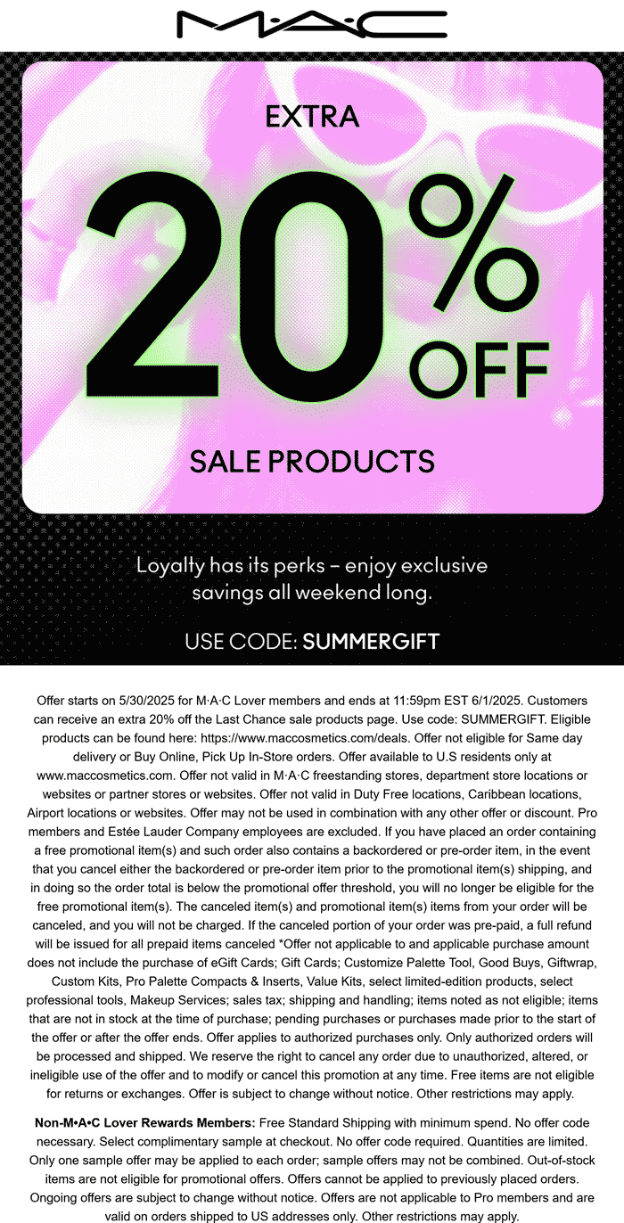 MAC stores Coupon  Extra 20% off sale products online today at MAC cosmetics via promo code SUMMERGIFT #mac 