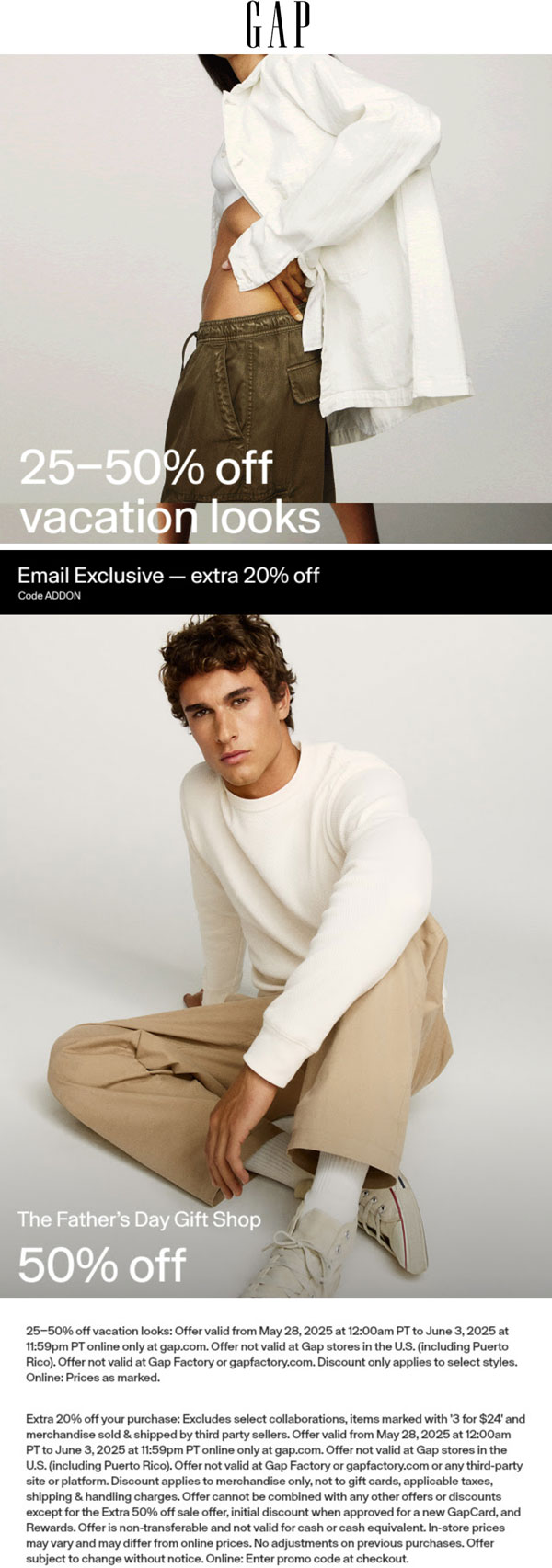 Gap stores Coupon  25-50% off vacation looks & more at Gap + 20% more online via promo code ADDON #gap 