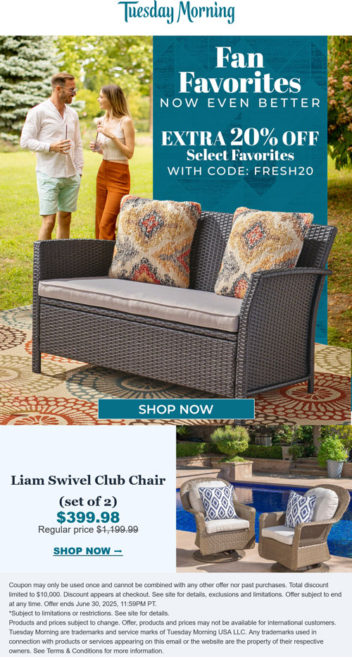 Tuesday Morning stores Coupon  20% off favorites at Tuesday Morning via promo code FRESH20 #tuesdaymorning 