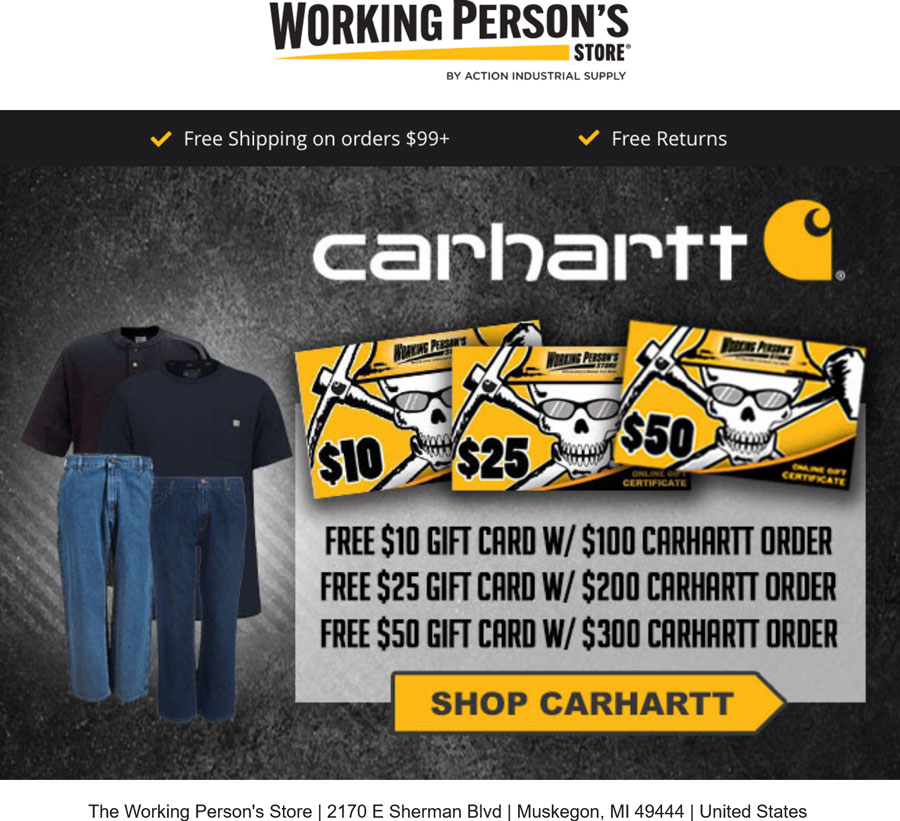 Working Persons Store restaurants Coupon  $10-$50 card on $100+ Carhartt order at Working Persons Store #workingpersonsstore 