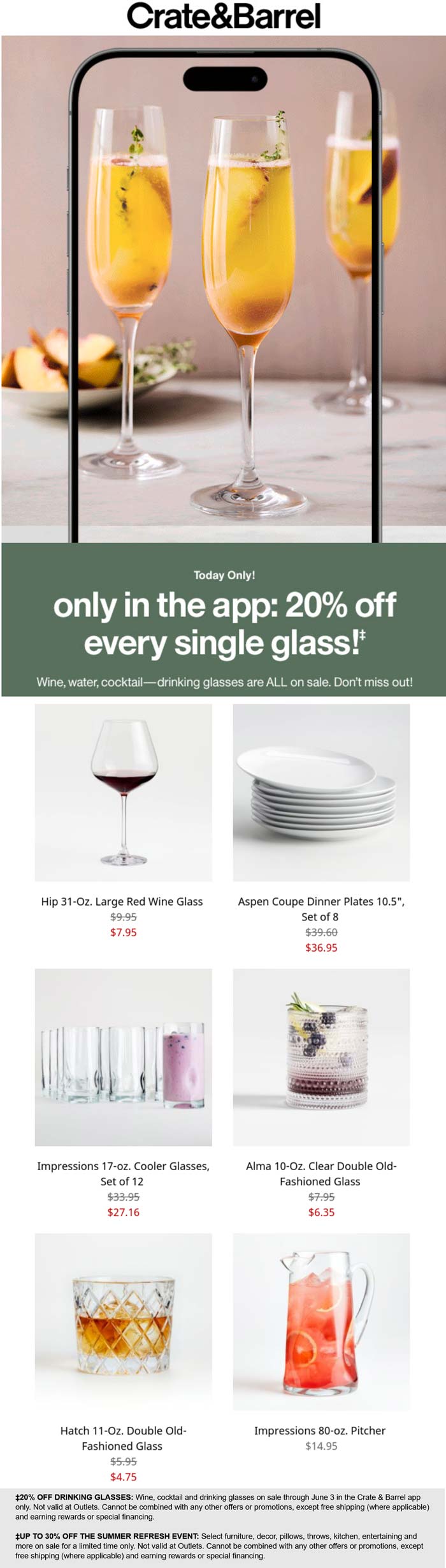 Crate & Barrel stores Coupon  20% off all drinking glasses online today at Crate & Barrel #cratebarrel 