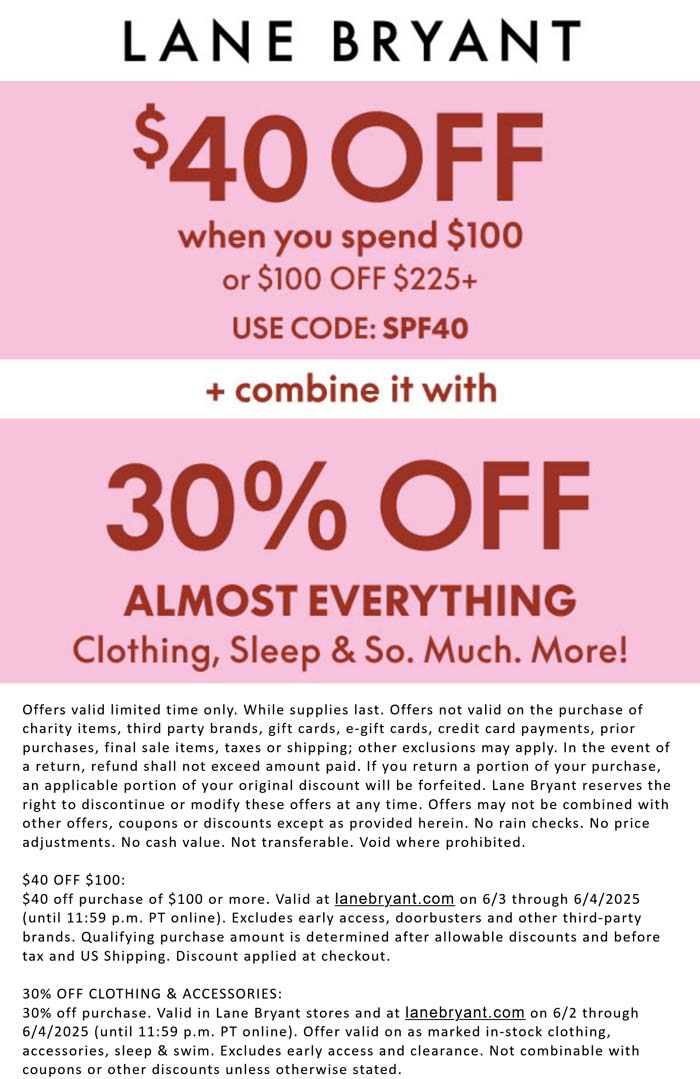Lane Bryant stores Coupon  $40-$100 off $100+ plus another 30% off at Lane Bryant via promo code SPF40 #lanebryant 