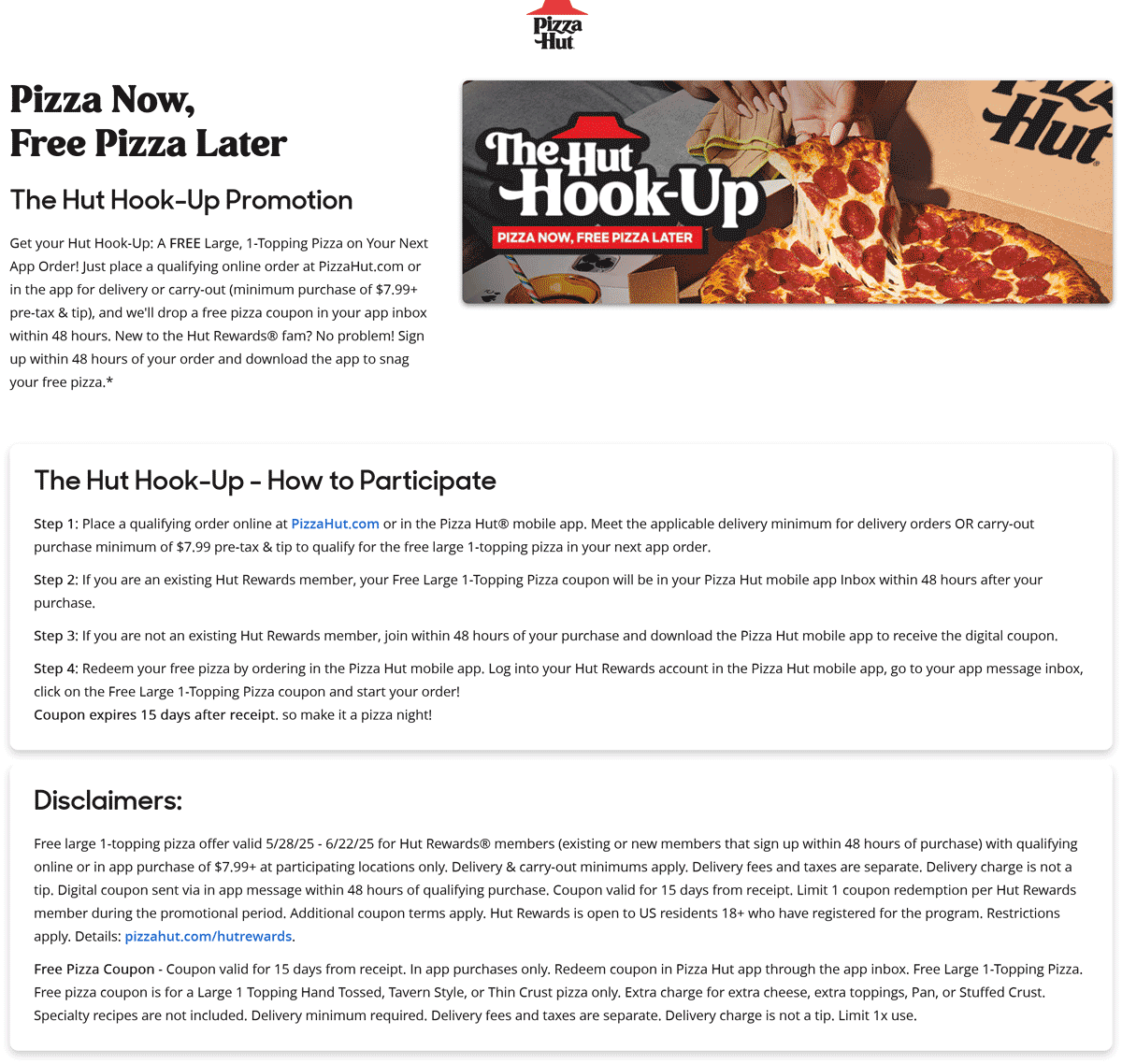 Pizza Hut restaurants Coupon  Free large 1-topping followup pizza on $8 at Pizza Hut #pizzahut 
