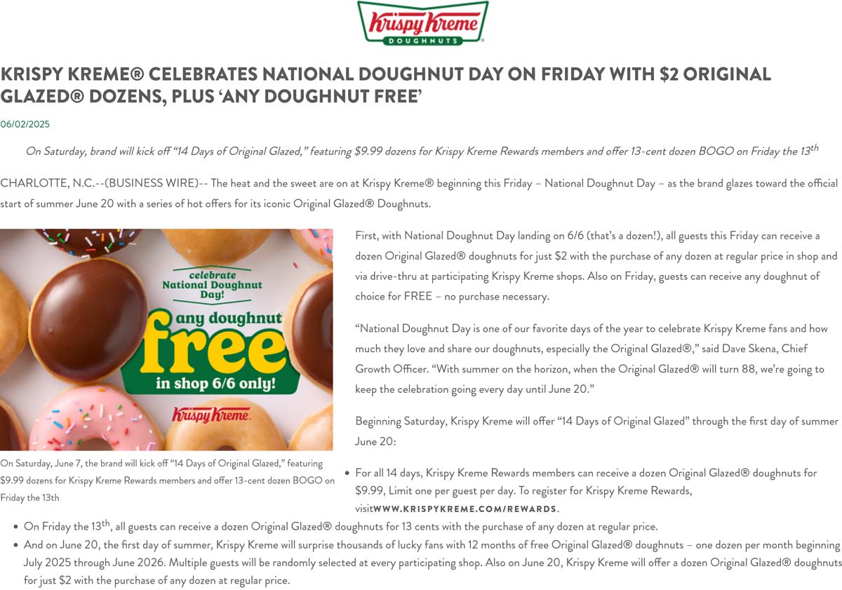 Krispy Kreme restaurants Coupon  Free doughnut no purchase required Friday at Krispy Kreme, also second dozen $2 #krispykreme 
