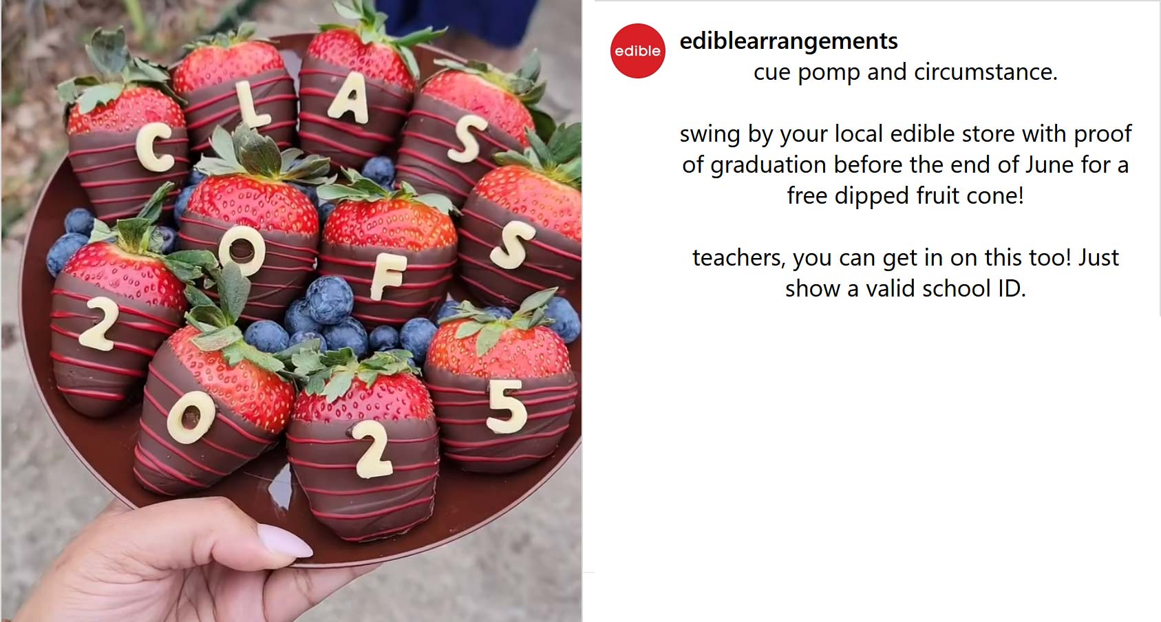 Edible Arrangements stores Coupon  Free dipped fruit cone for teachers & graduates this month at Edible Arrangements #ediblearrangements 