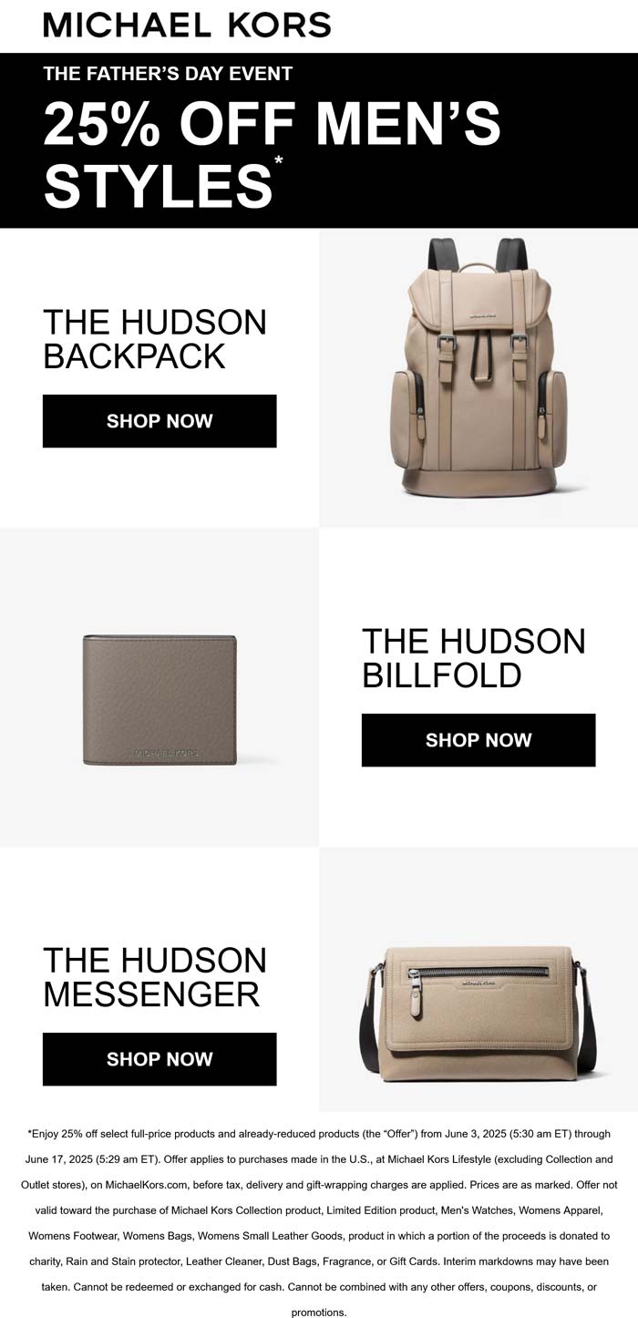 Michael Kors stores Coupon  25% off mens styles at Michael Kors, ditto online #michaelkors 