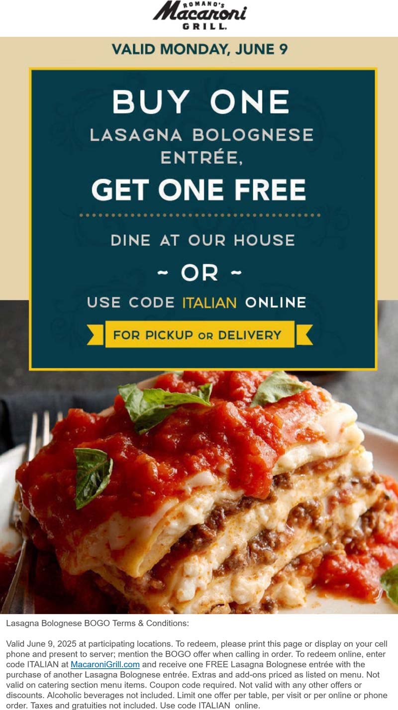 Macaroni Grill coupons & promo code for June 2025