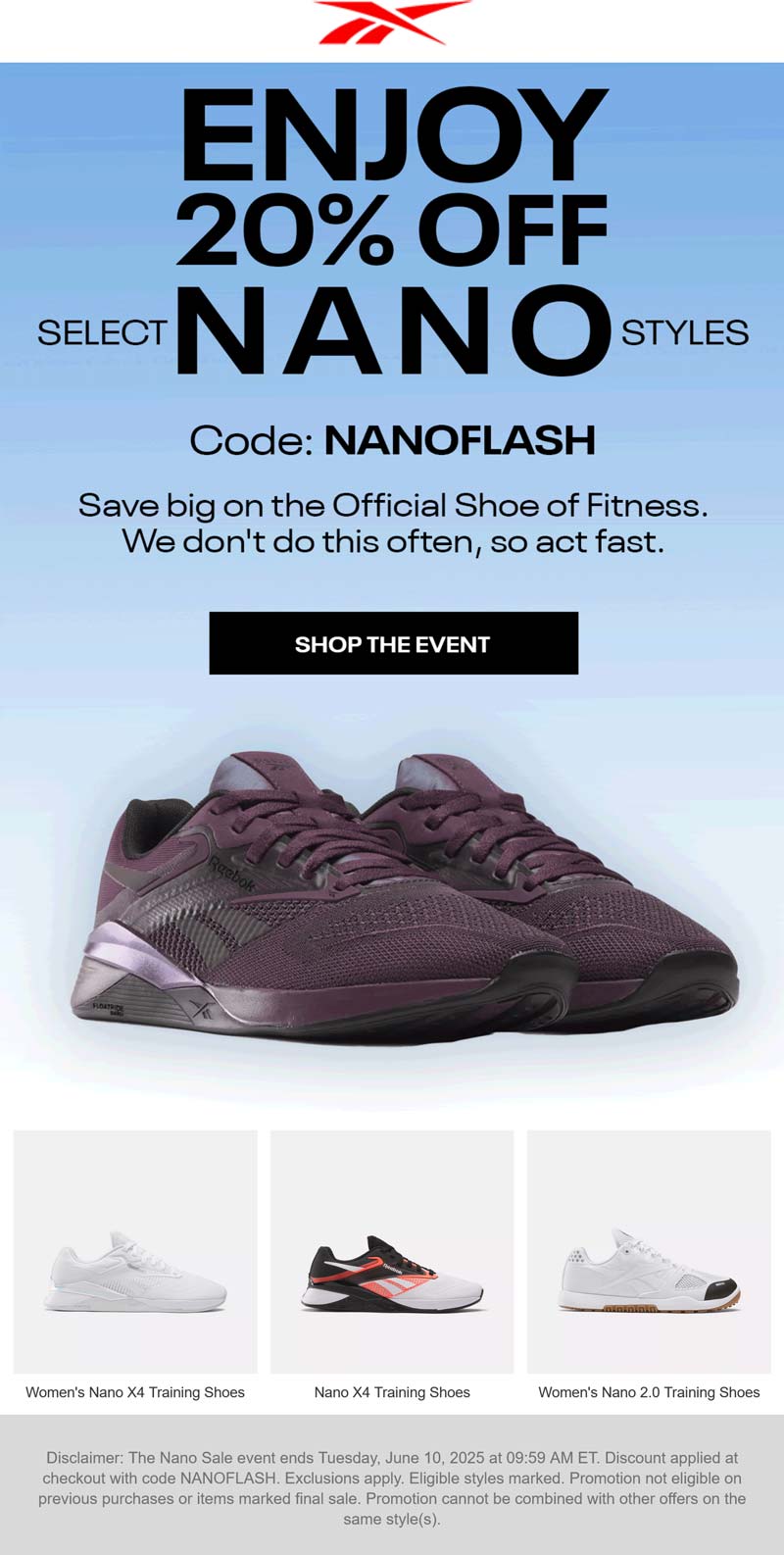 Reebok stores Coupon  20% off nano styles today at Reebok via promo code NANOFLASH #reebok 