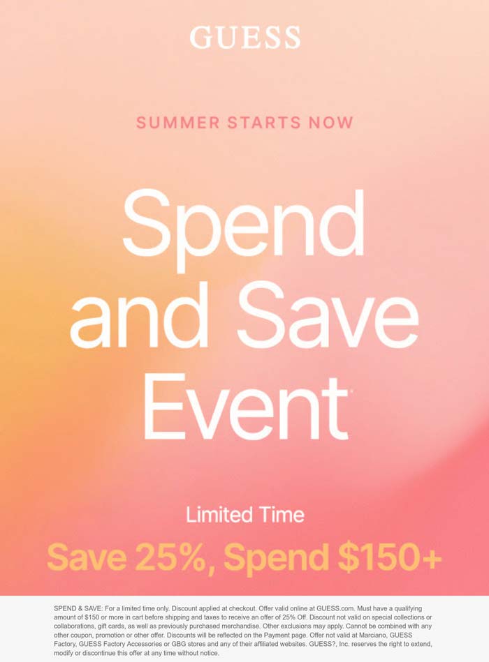 GUESS stores Coupon  25% off $150+ at GUESS #guess 