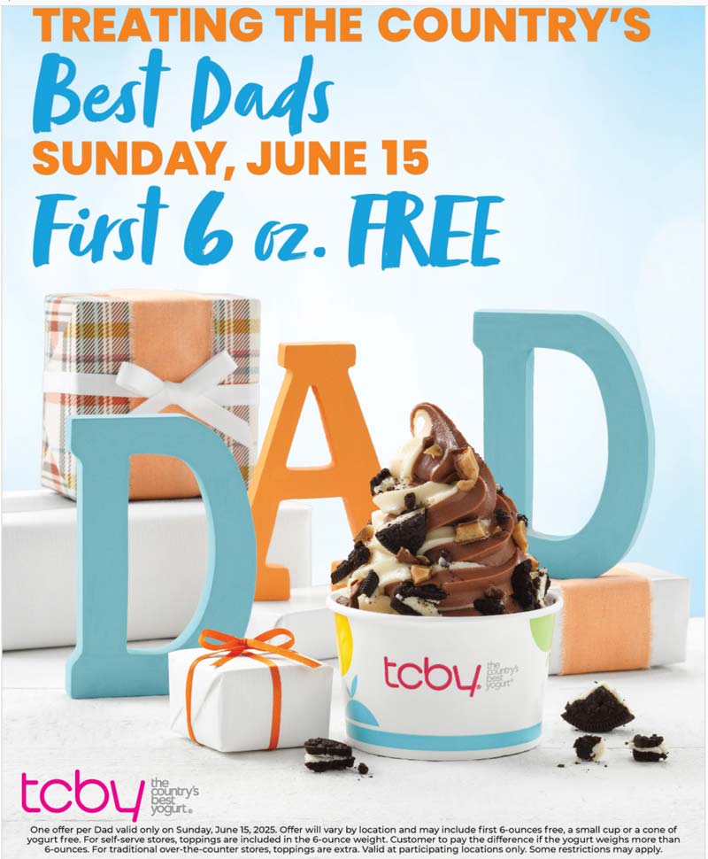 TCBY restaurants Coupon  Free frozen yogurt for dad Sunday at TCBY #tcby 