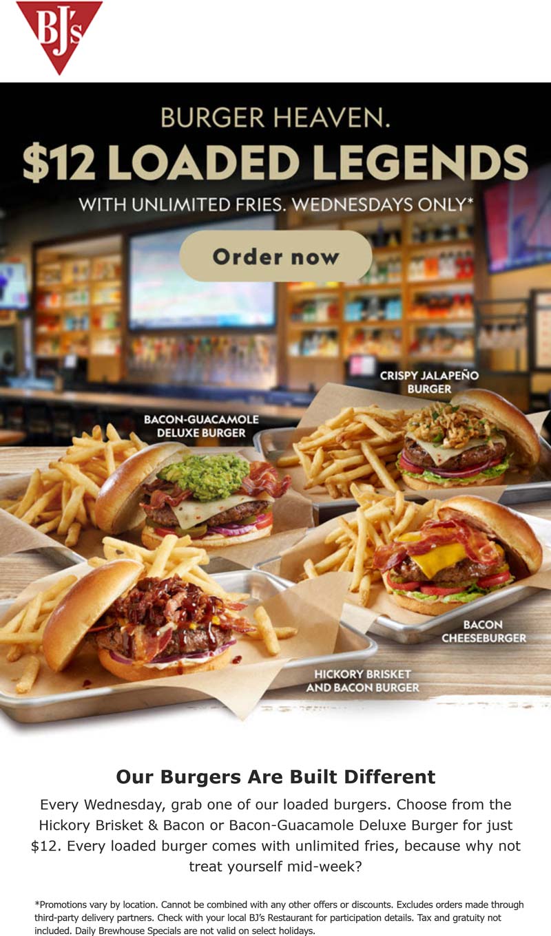 BJs Restaurant restaurants Coupon  $12 gourmet cheeseburger + bottomless fries Wednesdays at BJs Restaurant #bjsrestaurant 