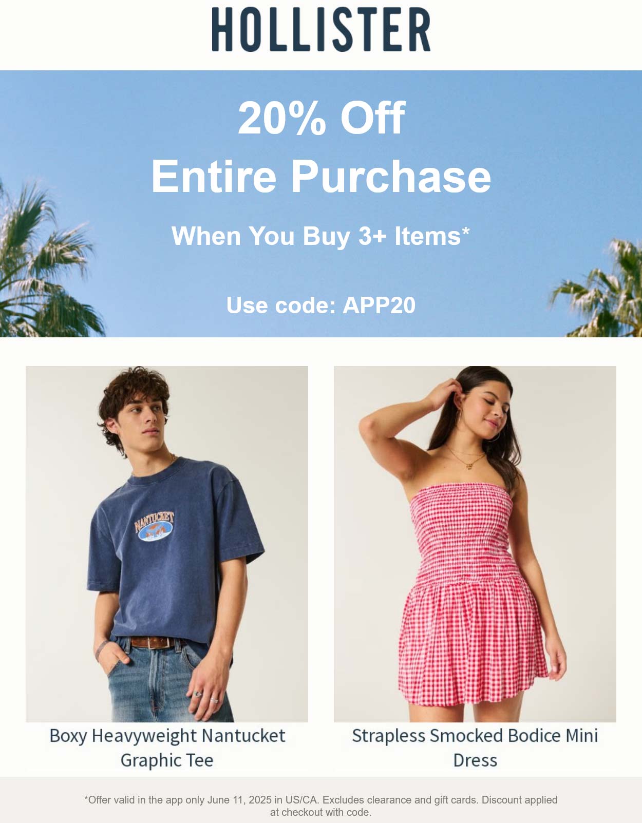 Hollister stores Coupon  20% off 3+ items today at Hollister via mobile promo code APP20 #hollister 
