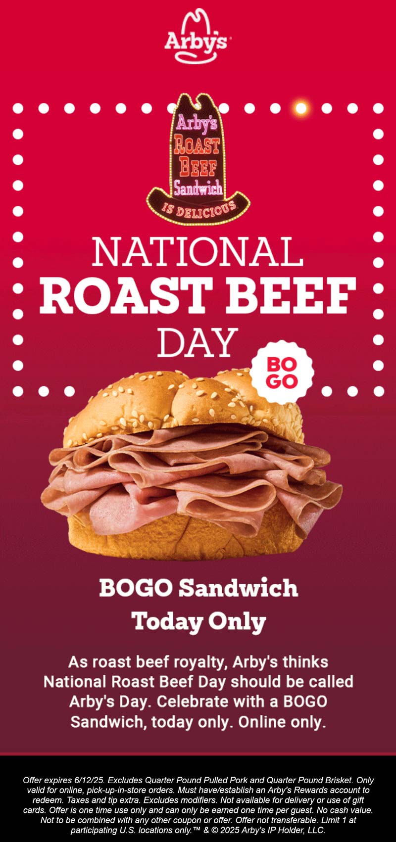 Arbys restaurants Coupon  Second beef sandwich free online today at Arbys #arbys 