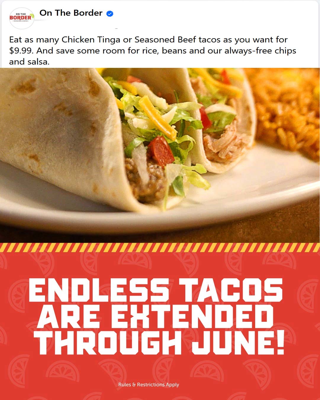 On The Border restaurants Coupon  Bottomless tacos = $10 all month at On The Border restaurants #ontheborder 