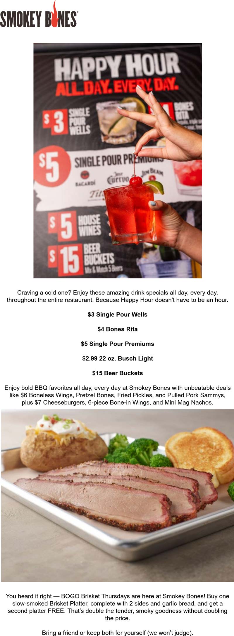 Smokey Bones restaurants Coupon  Second brisket platter free today at Smokey Bones restaurant #smokeybones 