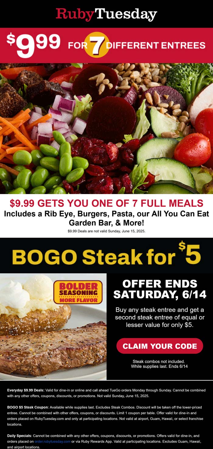 Ruby Tuesday restaurants Coupon  7 different entrees = $10 at Ruby Tuesday restaurants #rubytuesday 