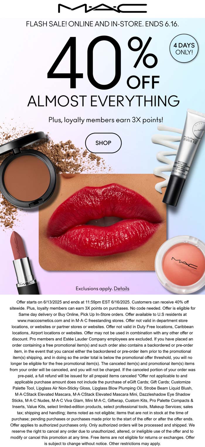 MAC stores Coupon  40% off everything at MAC Cosmetics, ditto online #mac 