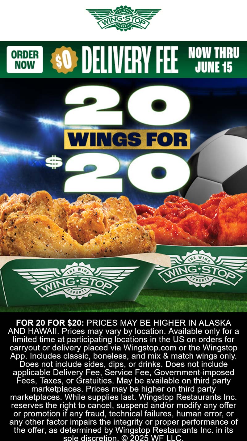 Wing Stop restaurants Coupon  20 chicken wings = $20 at Wing Stop #wingstop 