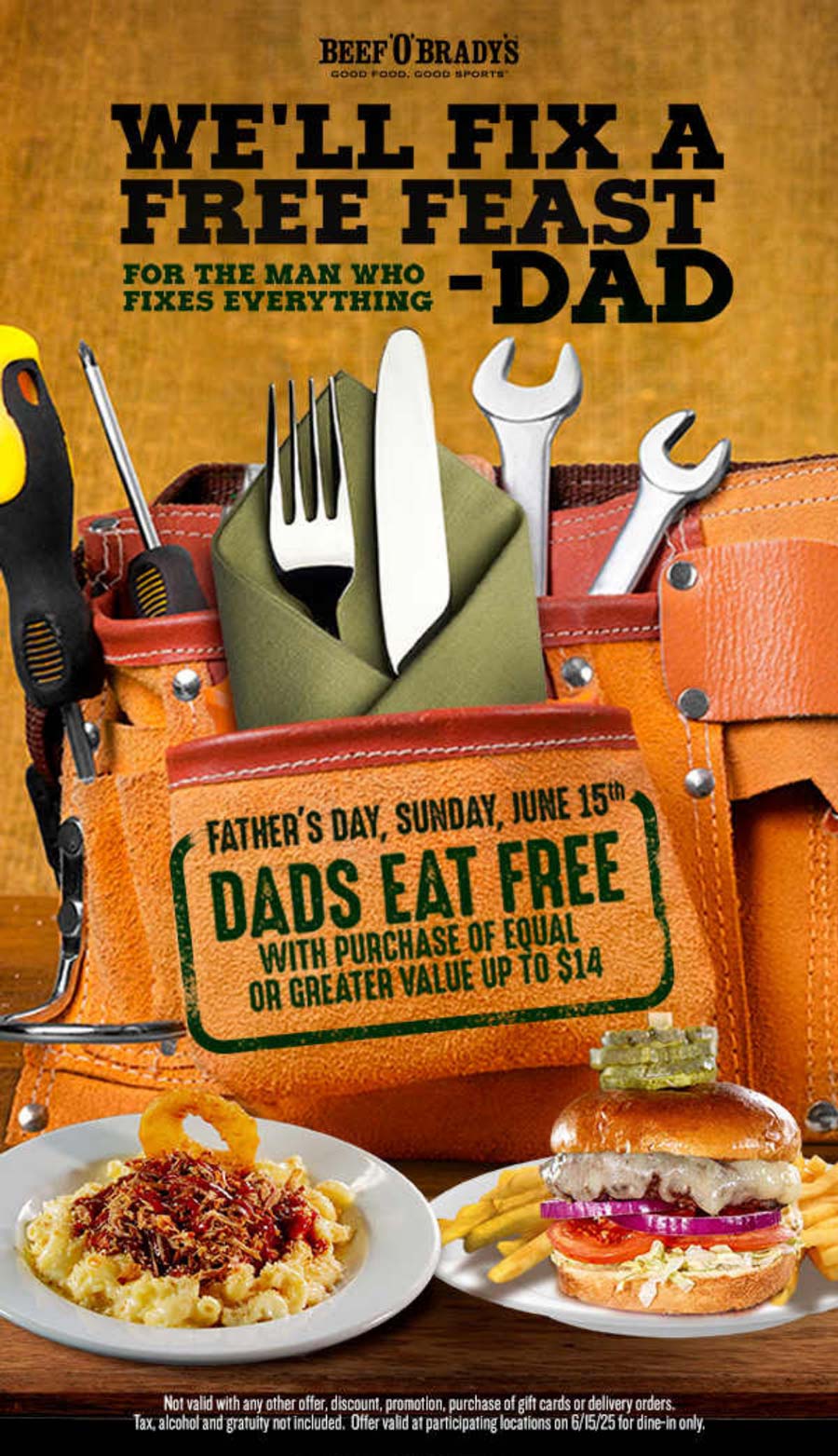 Beef OBradys restaurants Coupon  Dad eats free with your meal today at Beef OBradys #beefobradys 