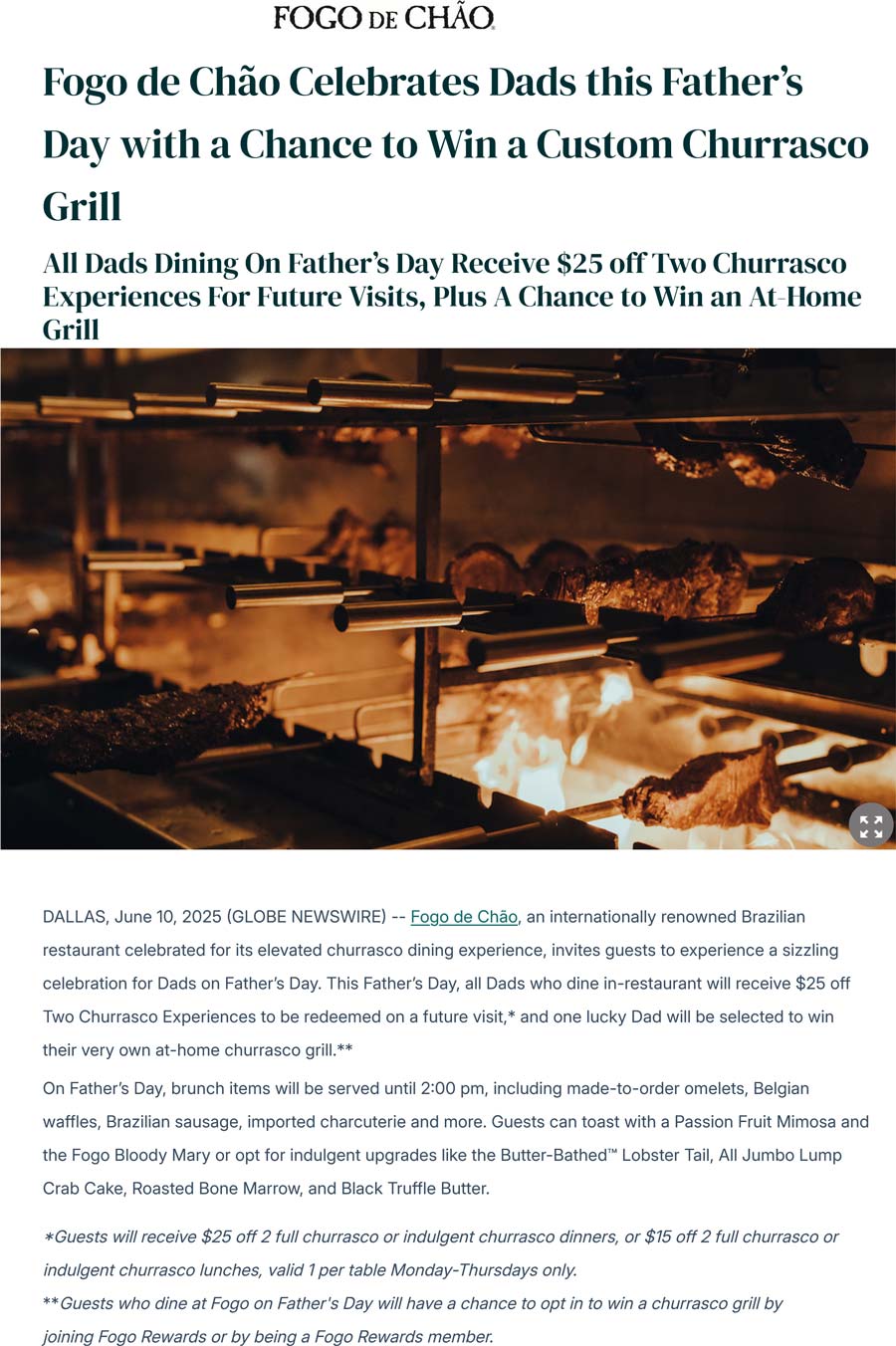 Fogo De Chao restaurants Coupon  Two $25 future visit coupons with your dine-in today at Fogo De Chao restaurants #fogodechao 