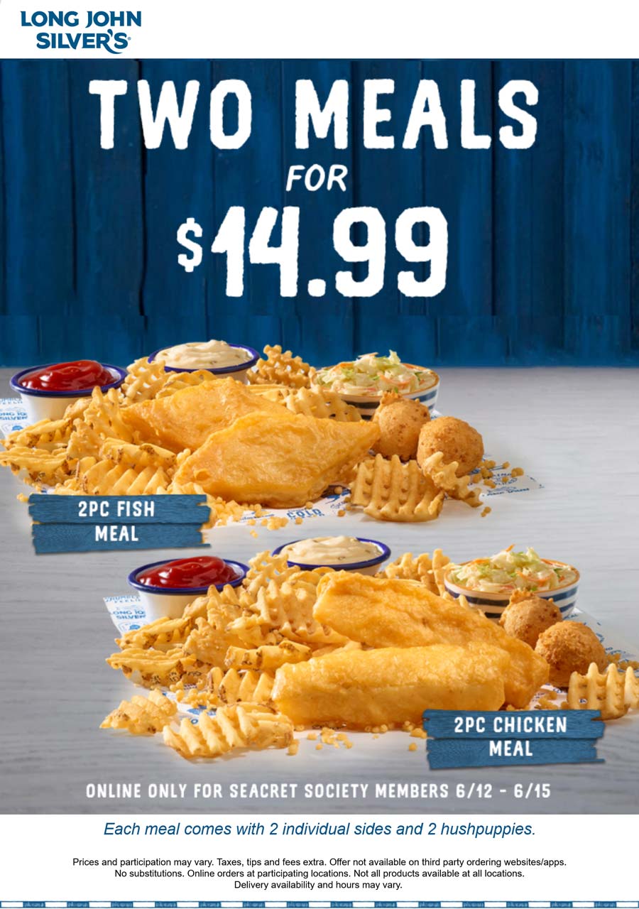 Long John Silvers restaurants Coupon  Two 2-pc fish or chicken meals = $15 today at Long John Silvers #longjohnsilvers 
