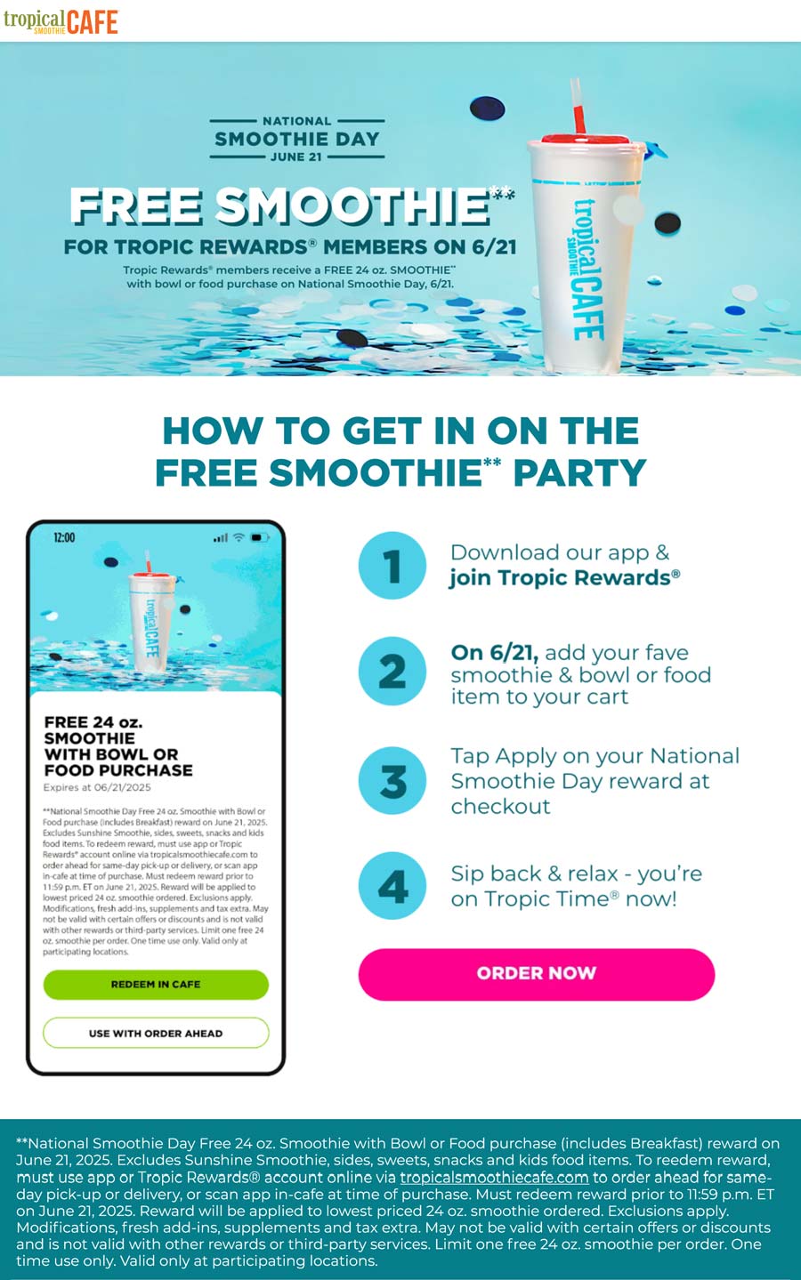 Tropical Smoothie Cafe restaurants Coupon  Free 24oz smoothie via login Saturday at Tropical Smoothie Cafe #tropicalsmoothiecafe 