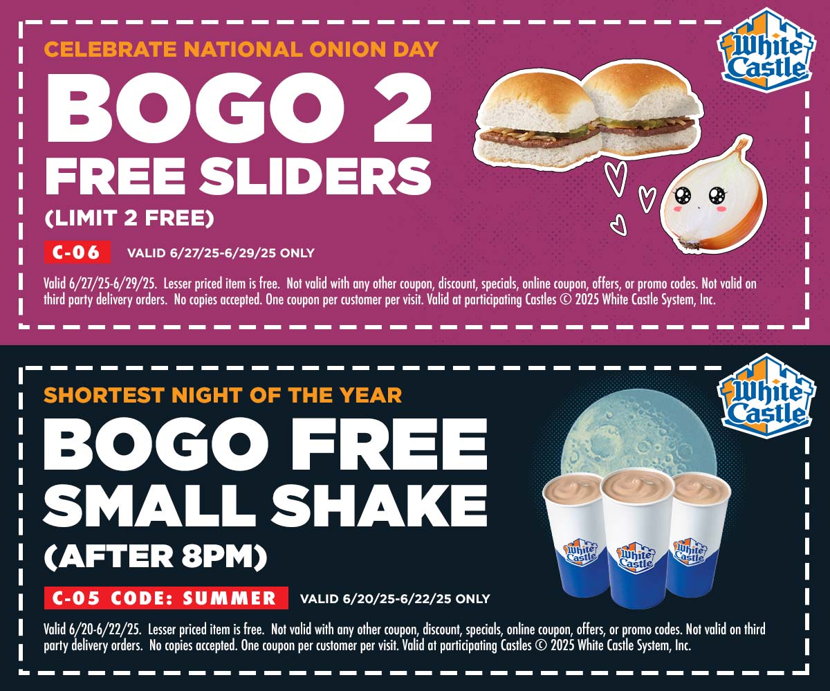 White Castle restaurants Coupon  Second milkshake free & 4-for-2 sliders at White Castle restaurants #whitecastle 